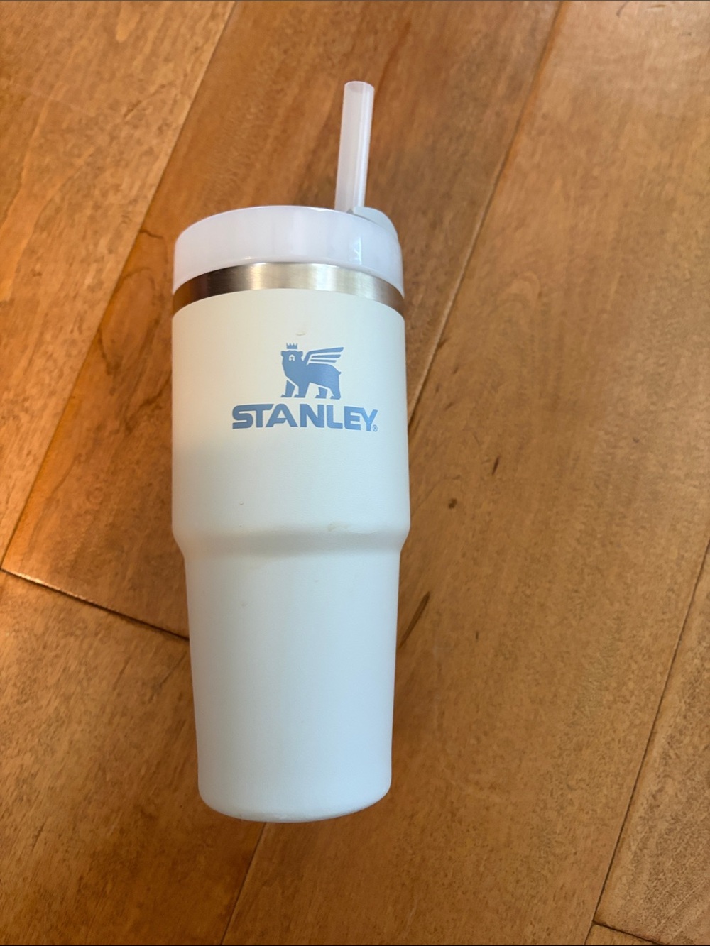 Stanley 14 oz gray Tumbler with Blue Logo and Clear Straw